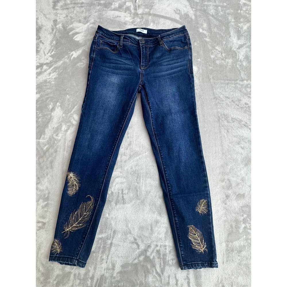 Kenzie Womens Skinny Jeans Dark‎ Wash Gold Feather Embroidered Blue Denim 12/31